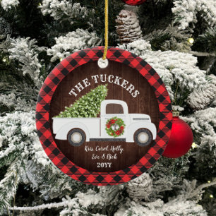 Décoration En Céramique Buffalo Plaid Monogramme Photo Vintage Camion blan