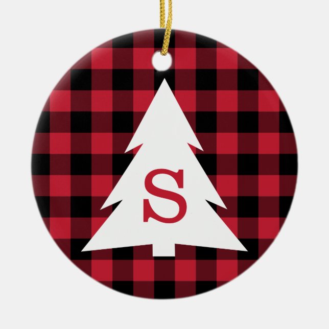 Décoration En Céramique Buffle noir rouge Chèque Monogramme Arbre de Noël (Devant)