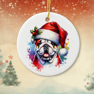 Décoration En Céramique Bulldog à Santa Hat Noël personnalisé