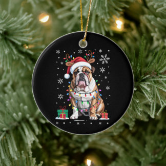 Décoration En Céramique Bulldog anglais chapeau de Père Noël lumières de N