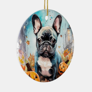 Décoration En Céramique Bulldog français d'Halloween avec citrouilles effr