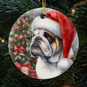 Décoration En Céramique Bulldog portant un chapeau de Père Noël