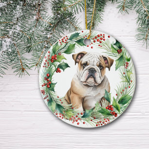 Décoration En Céramique Bulldog Puppy Holly Wreath Noël