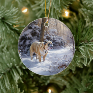 Décoration En Céramique Bulldog Qu'Il Neige Noël Brossé