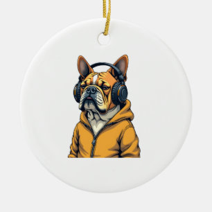 Décoration En Céramique Bulldog Vintage avec écouteurs portant un sweat à