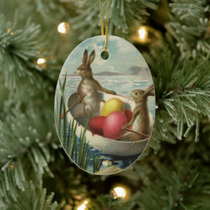 Décoration En Céramique Bunnies vintages de Pâques en bateau avec oeufs de