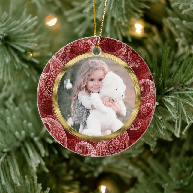 Décoration En Céramique Burgundy Red Paisley Photo personnalisée et texte (Arbre)