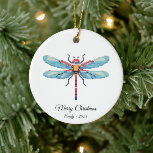 Décoration En Céramique Cadeau de Noël Art Pixel Art Libellule Bleue Insec