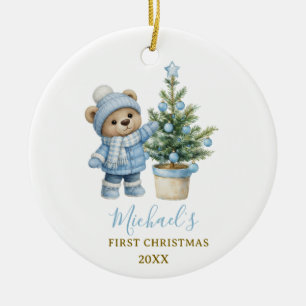 Décoration En Céramique Cadeau de Noël de bébé ours bleu pour la première