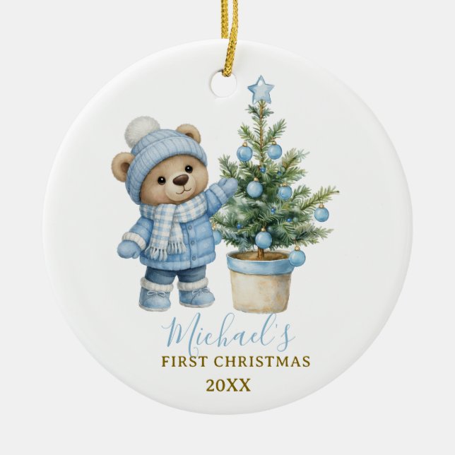 Décoration En Céramique Cadeau de Noël de bébé ours bleu pour la première  (Devant)