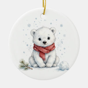 Décoration En Céramique Cadeau de Noël Ourson Polaire Aquarelle Hiver Ba