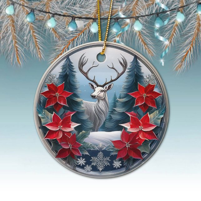 Décoration En Céramique Cadre élégant en argent Cerf Poinsettias (Silver Reindeer Elegant Deer Antlers, Poinsettia Flowers Winter Trees Scene Ornament Front/Back 🦌🎄)