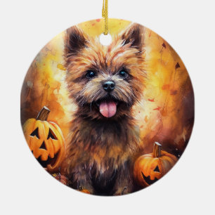 Décoration En Céramique Cairn Terrier Halloween avec citrouilles effrayant