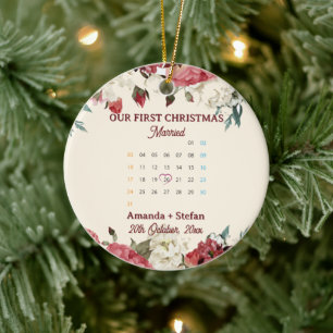 Décoration En Céramique Calendrier Floral Rouge Notre Premier Noël Mariés