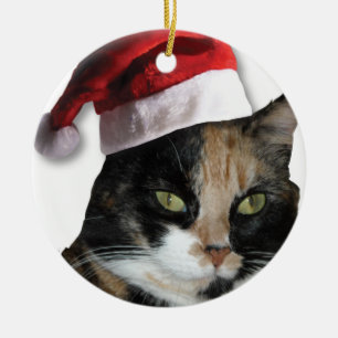 Décoration En Céramique Calico Cat avec un Casquette du Père Noël