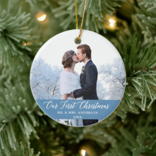 Décoration En Céramique Calligraphie Élégante Notre Premier Noël Bleu Clai