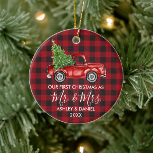 Décoration En Céramique Calligraphie M. Mme Christmas Camion Rouge Plaid