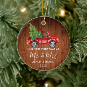 Décoration En Céramique Calligraphie Wood M. Mme Christmas Red Truck
