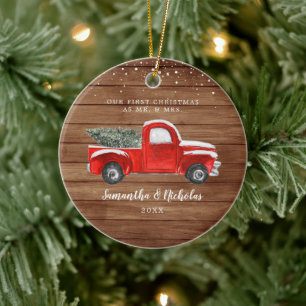 Décoration En Céramique Camion de Ferme Rouge Vintage Premier Noël M. et