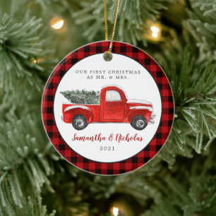 Décoration En Céramique Camion de ferme rouge vintage   Premier Noël M. et