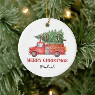 Décoration En Céramique Camion de pompiers à l'aquarelle Noël
