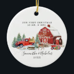 Décoration En Céramique Camion rouge| Premier Noël en tant que Monsieur. &<br><div class="desc">Il possède une belle grange d'hiver et un camion rouge vintage. Ajoutez vos informations sur le devant avec votre propre photo personnalisée sur le dos. Un ornement mariage fait le cadeau parfait pour marquer le premier Noël qu'un nouveau marié passe ensemble. L'ornement mariage de votre premier Noël vous rappellera les...</div>