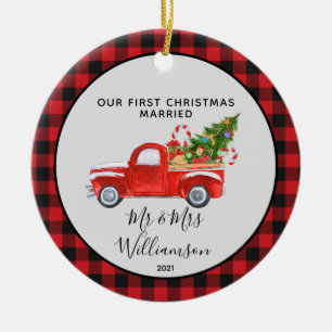 Décoration En Céramique Camion rouge Premier Noël Marié Buffalo Plaid