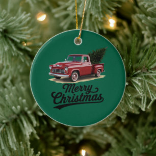 Décoration En Céramique Camionnette rouge arbre de Noël vintage Noël