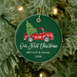 Décoration En Céramique Camionnette Vintage Écriture Pinceau Premier Noël<br><div class="desc">Écriture Pinceau Moderne,  Camionnette Rouge Vintage Aquarelle avec Arbre de Noël,  Notre Premier Noël Couple Ornement Vert</div>