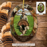 Décoration En Céramique Camouflage de chasse Une photo personnalisée<br><div class="desc">Ornement ovale camouflage rustique personnalisé avec votre photo et texte personnalisé. L'échantillon commémore la première dinde d'un chasseur, mais le texte est entièrement modifiable pour répondre à vos besoins. La conception est dupliquée sur le côté arrière. Idéal aussi pour les photos en plein air comme le camping, la randonnée, etc....</div>