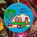Décoration En Céramique Camping personnalisé Noël à thème<br><div class="desc">Mignons rouge vintage et vert rétro RV camper thème de l'ornement de Noël. Un joli ornement de vacances personnalisé dessiné à la main Camping sur la plage à l'heure de Noël.</div>