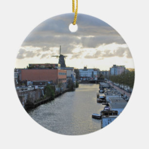 Décoration En Céramique Canal et moulin à vent d'Amsterdam avec le couche