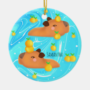 Décoration En Céramique Capybaras Dans L'Eau Avec Oranges