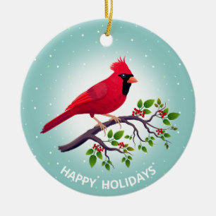 Décoration En Céramique Cardinal rouge de Noël sur fond sarcelle 