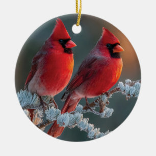 Décoration En Céramique Cardinaux boréaux rouges perchés sur une branche g