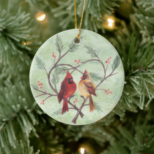 Décoration En Céramique Cardinaux du Coeur des Pins sur l'Ornement Vert