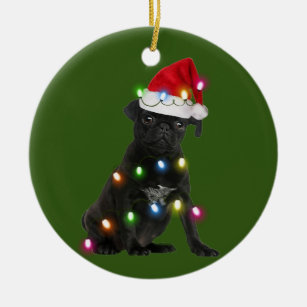 Décoration En Céramique Carlin Noir Avec Scafés De Noël Santa Hat
