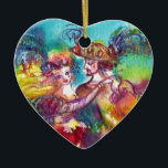 DÉCORATION EN CÉRAMIQUE CARNIVAL DANCE RED RUBY HEART<br><div class="desc">Design d'art coloré, élégant et vibrant avec des danseurs romantiques de carnaval : Figurines de danse fantasque, belle femme blonde en costumes scintillants plumés danse avec un jeune Arlequin. Aquarelle peinte en rose vif, fuchsia, vert, rouge, bleu, jaune couleurs, éclat d'or inspiré de Commedia dell'arte et Carnaval de Venise. C'est...</div>