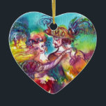 DÉCORATION EN CÉRAMIQUE CARNIVAL DANCE RED RUBY HEART<br><div class="desc">Design d'art coloré, élégant et vibrant avec des danseurs romantiques de carnaval : Figurines de danse fantasque, belle femme blonde en costumes scintillants plumés danse avec un jeune Arlequin. Aquarelle peinte en rose vif, fuchsia, vert, rouge, bleu, jaune couleurs, éclat d'or inspiré de Commedia dell'arte et Carnaval de Venise. C'est...</div>