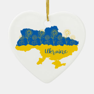 Décoration En Céramique Carte de l'Ukraine avec tournesol et drapeau ukrai