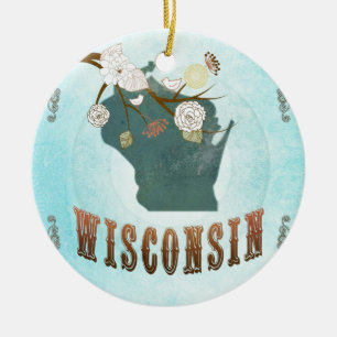 Décoration En Céramique Carte du Wisconsin avec de beaux oiseaux