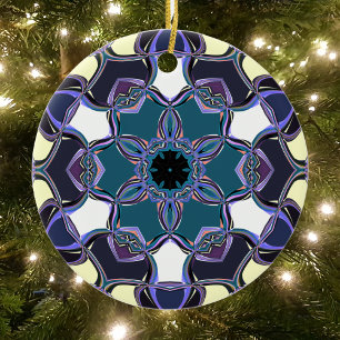Décoration En Céramique Carton Mandala Flower bleu violet noir et blanc