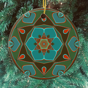 Décoration En Céramique Carton Mandala Flower Blue et orange