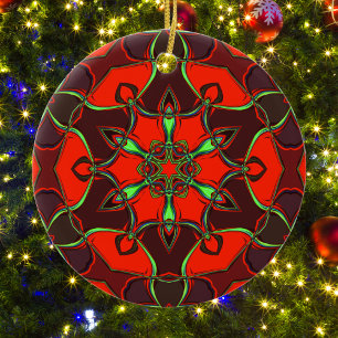 Décoration En Céramique Carton Mandala Flower rouge et Turquoise