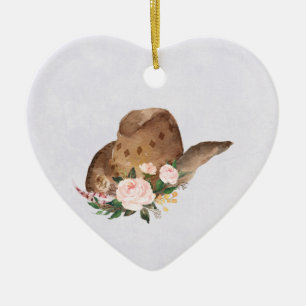 Décoration En Céramique Casquette Brown Cowgirl avec fleurs roses