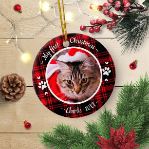 Décoration En Céramique Cat Pet First Christmas Photo Russe Red Plaid