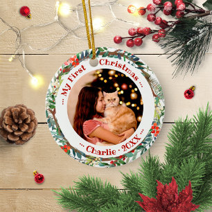 Décoration En Céramique Cat Pet First Christmas Photo Warcolor Wreath