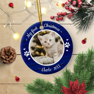 Décoration En Céramique Cat Pet First Christmas Simple Photo Rustique Bleu