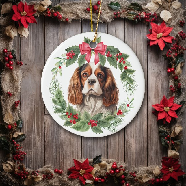 Décoration En Céramique Cavalier King Charles Spaniel Red Bow Holly Wreath (Créateur téléchargé)