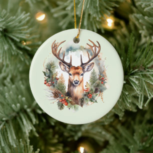 Décoration En Céramique Cerf Brun avec Bois Noël Rustique
